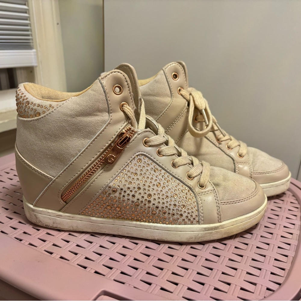 Guess Cream High-Top Wedge Sneakers with Rhinestone Details Size 8